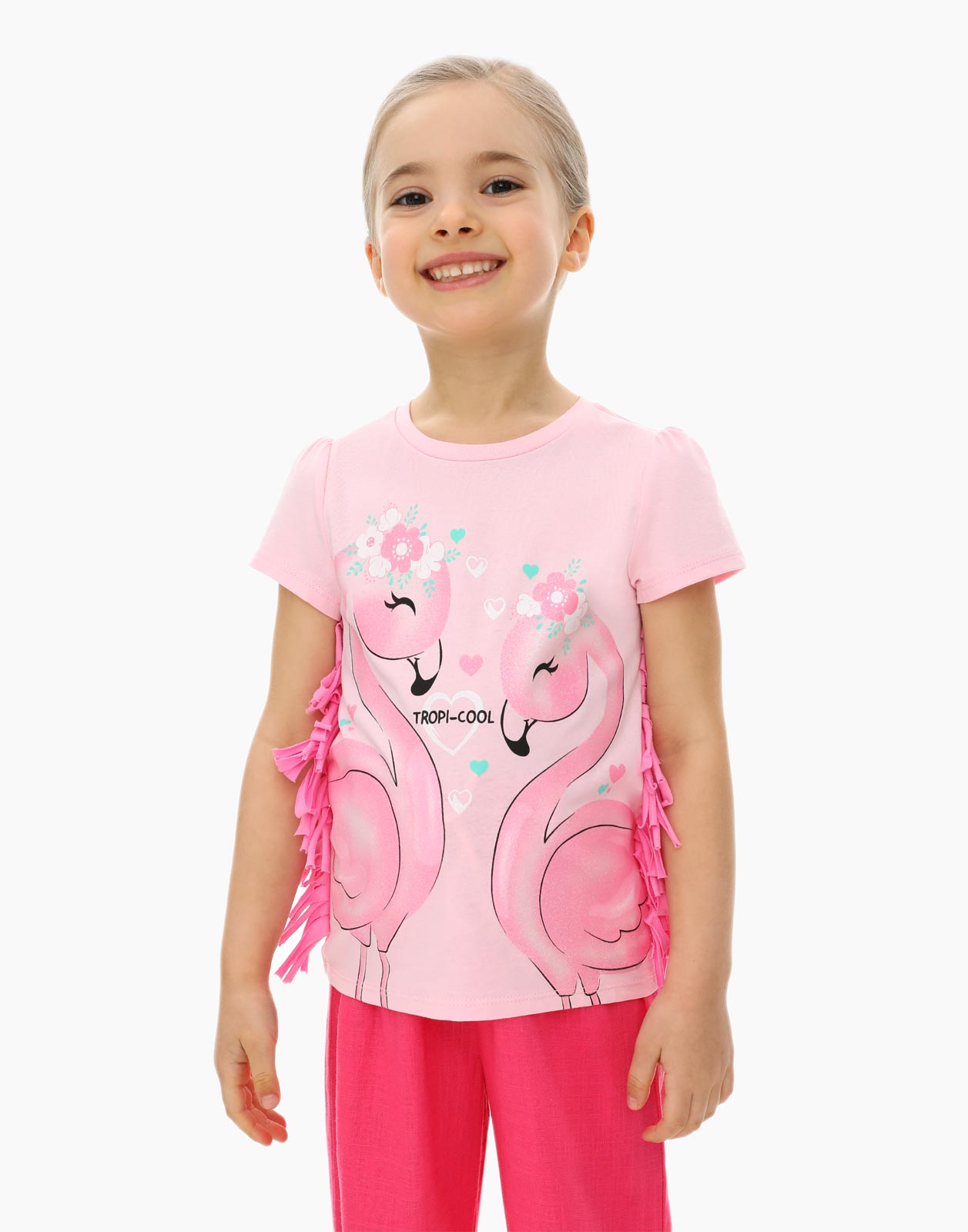 Светло-розовая футболка с бахромой и принтом для девочки 3-4г/104