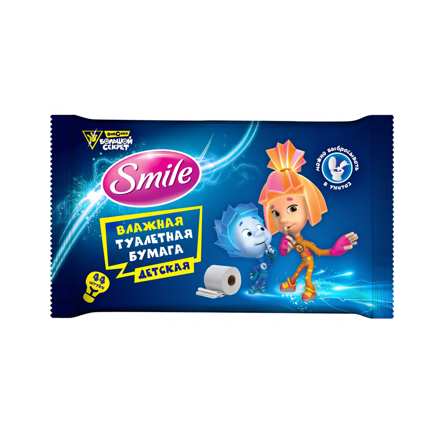 Фиксики детская влажная туалетная бумага SMILE с клапаном, 44 шт