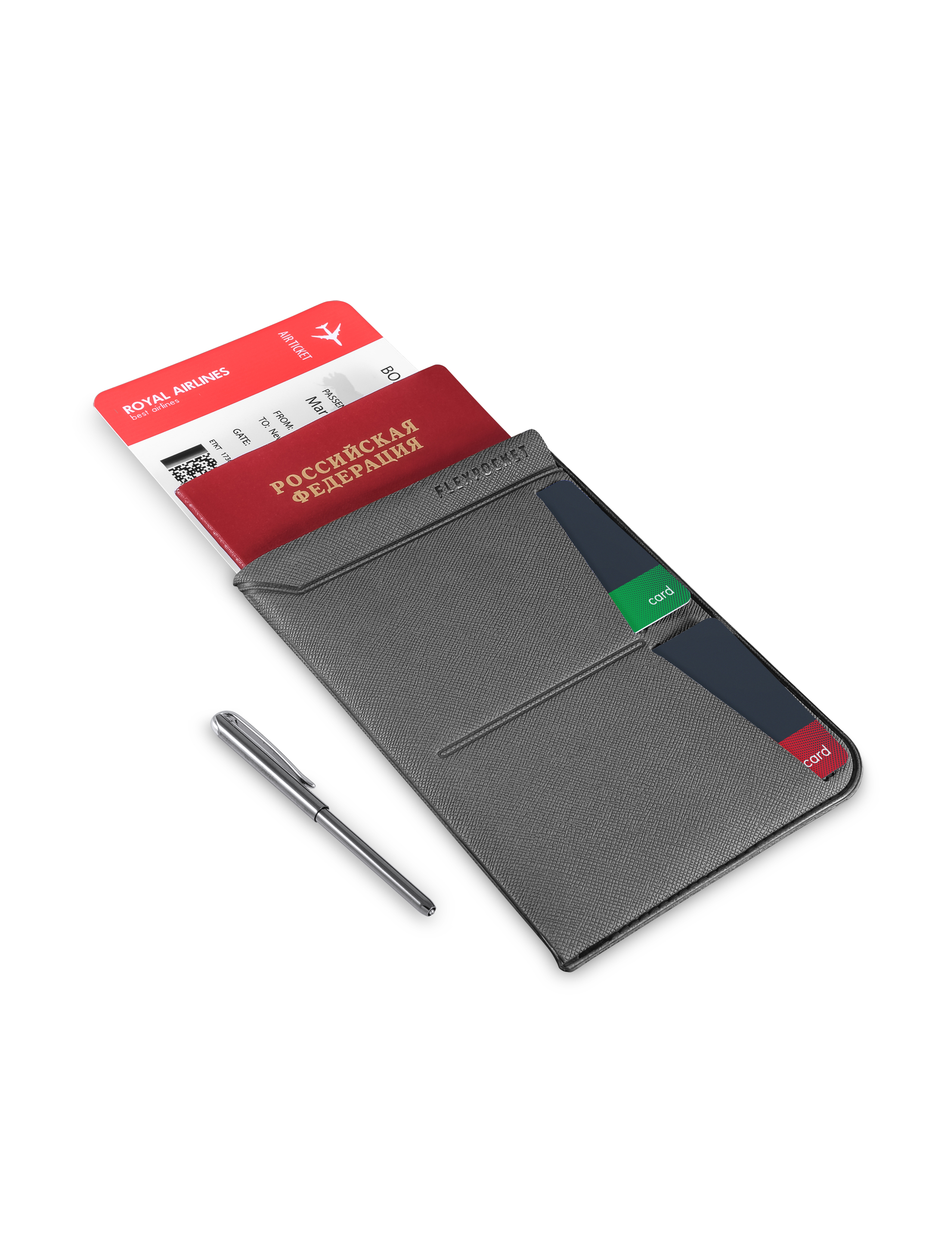 

Универсальная обложка для паспорта с шариковой ручкой Flexpocket KOP-04UP серая