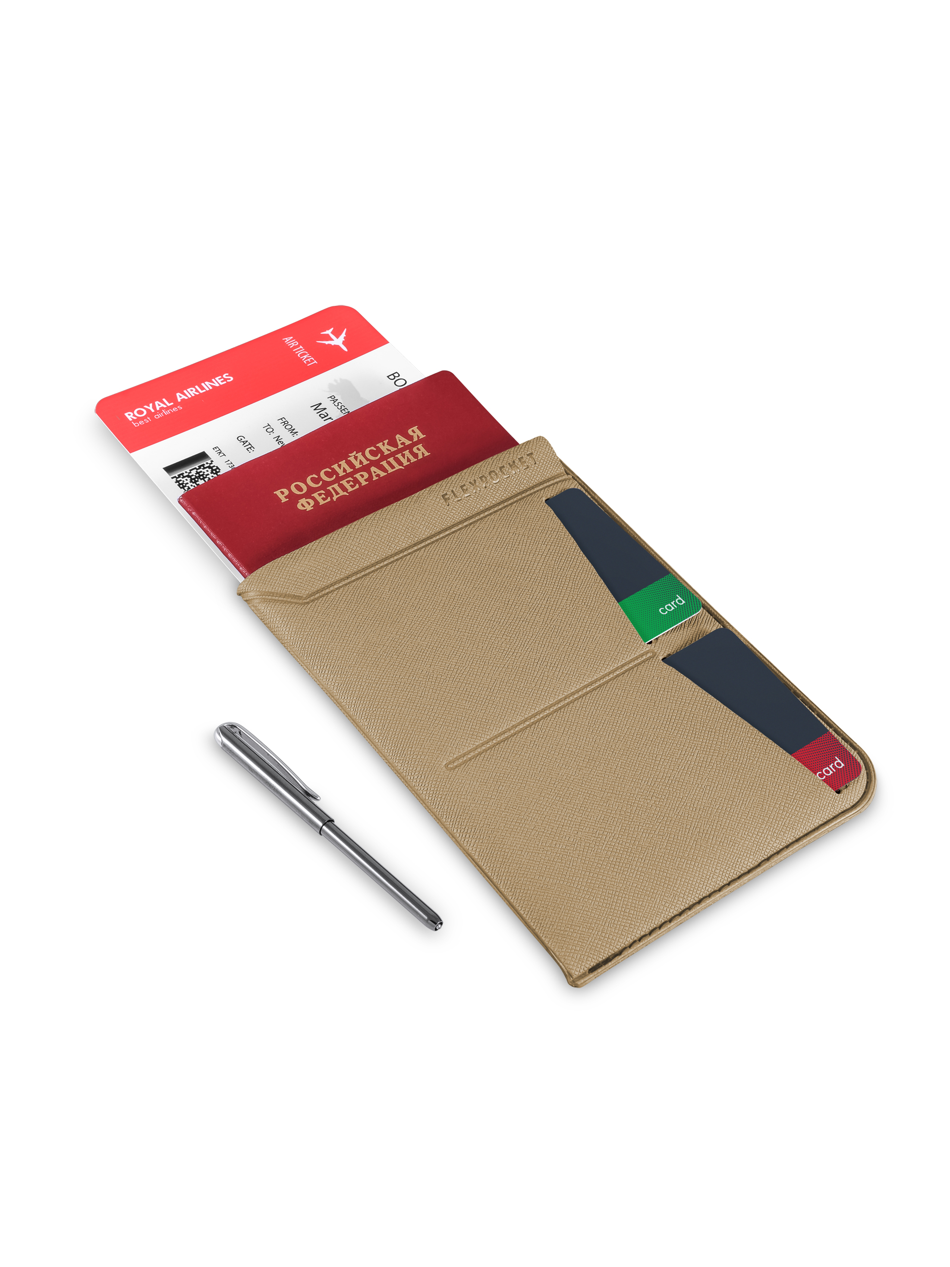 

Универсальная обложка для паспорта с шариковой ручкой Flexpocket KOP-04UP бежевая