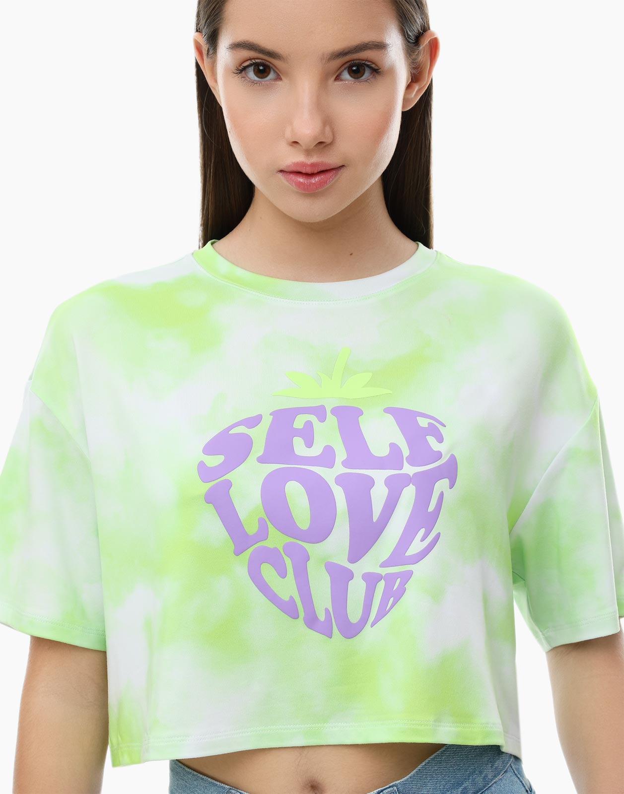 Светло-зёленая укороченная футболка oversize тай-дай с принтом для девочки 8-10л/134-140