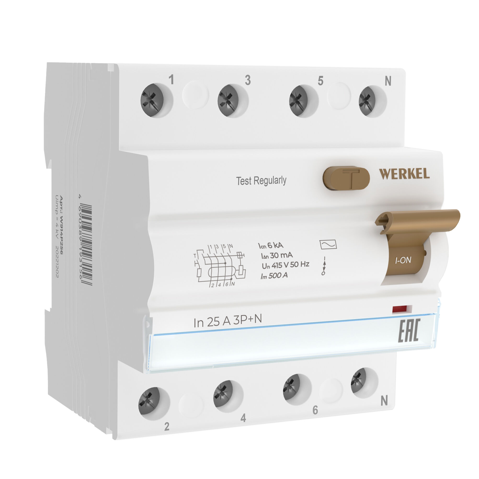 Устройство защитного отключения Werkel W914P256 3P+N 25 A 30 mА АС 6 kА (УЗО, ВДТ) роликовое устройство для работы с низкопрофильными шинами kraftwell
