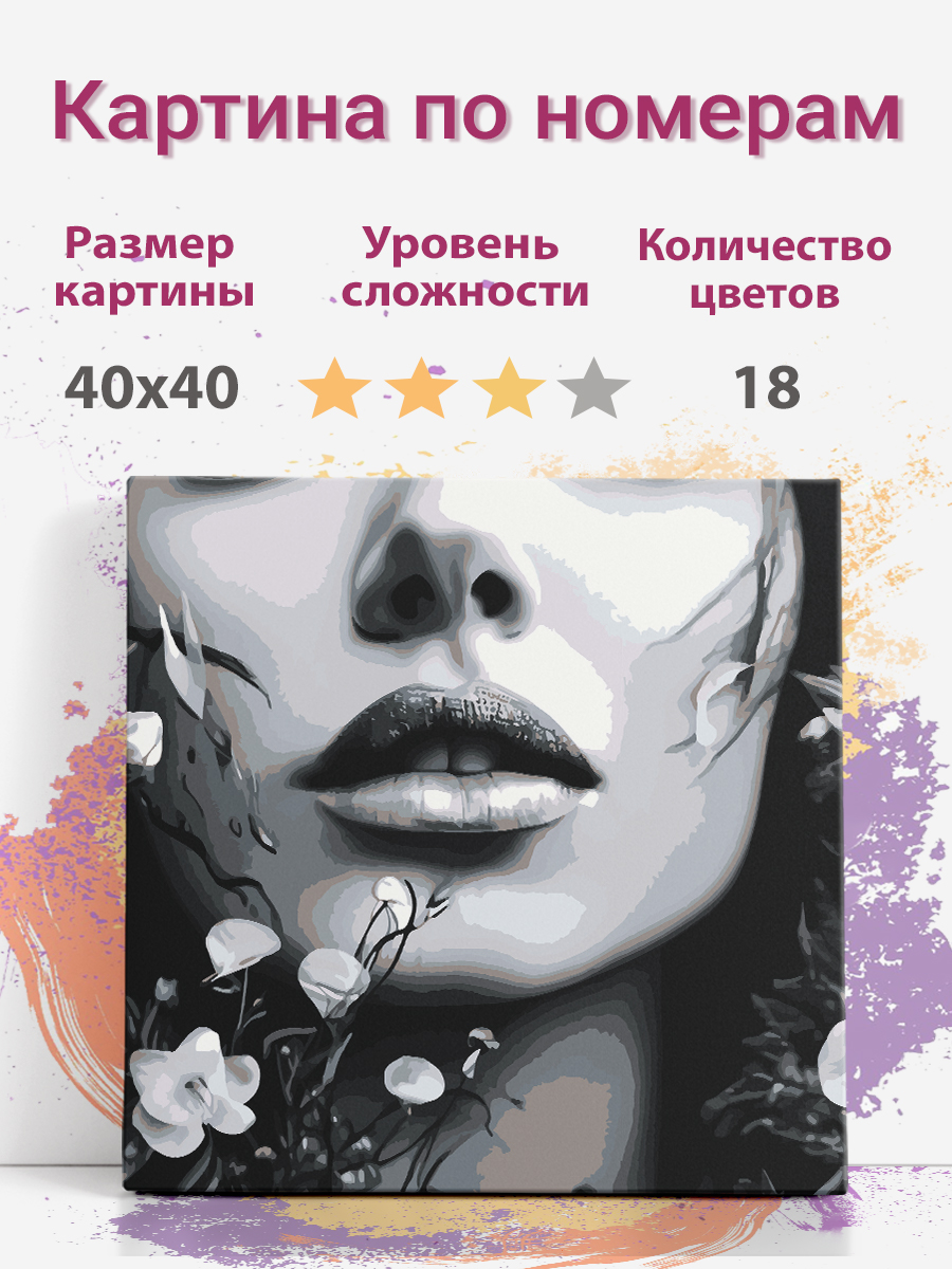 

Картина по номерам Раскрасим сами Лицо, губы черно-белый на подрамнике 40х40 см, Лицо, губы черно-белый