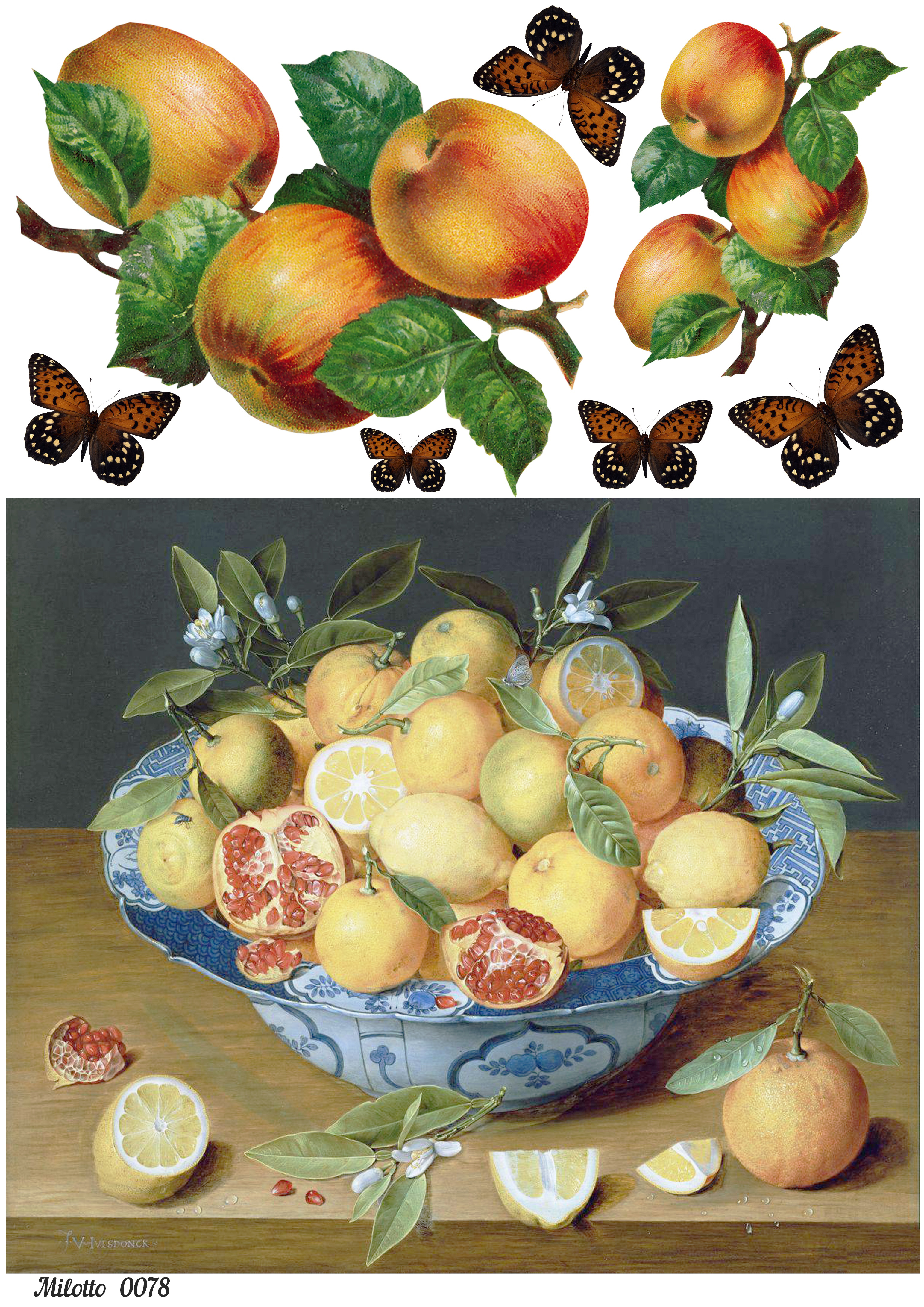 

Рисовая бумага для декупажа карта А4 Milotto 0078 натюрморт лимоны яблоки