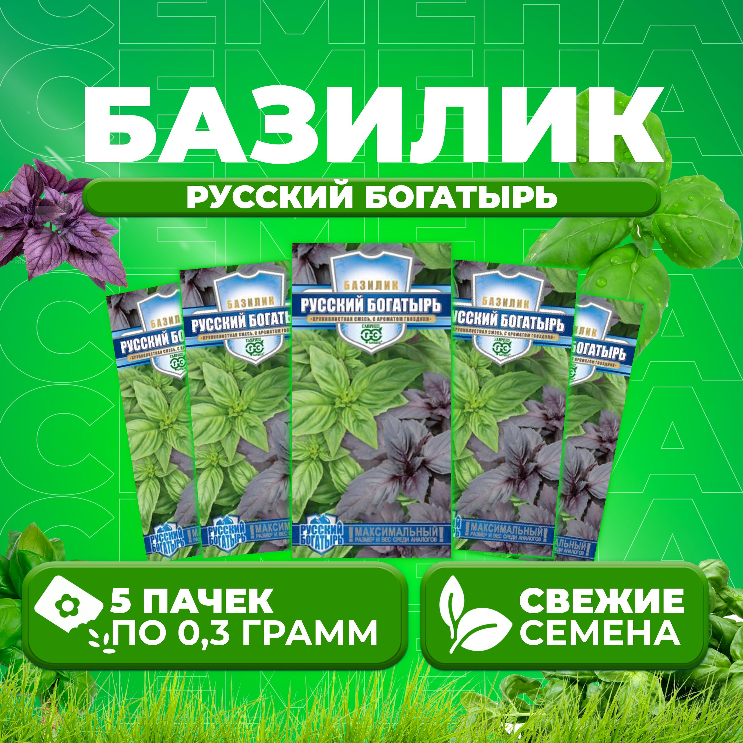 

Семена Базилик Русский богатырь, смесь, 0,3г, Гавриш, Русский богатырь 5 уп