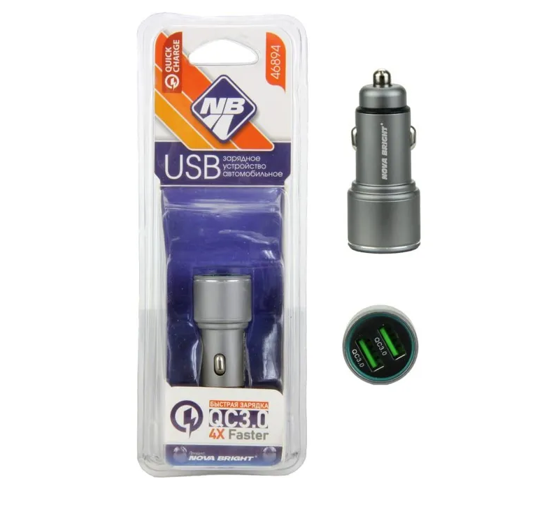 Зарядное устройство для тел. (адаптер) 2USB QC3.0 в прикур. блистер Nova Bright (46894)