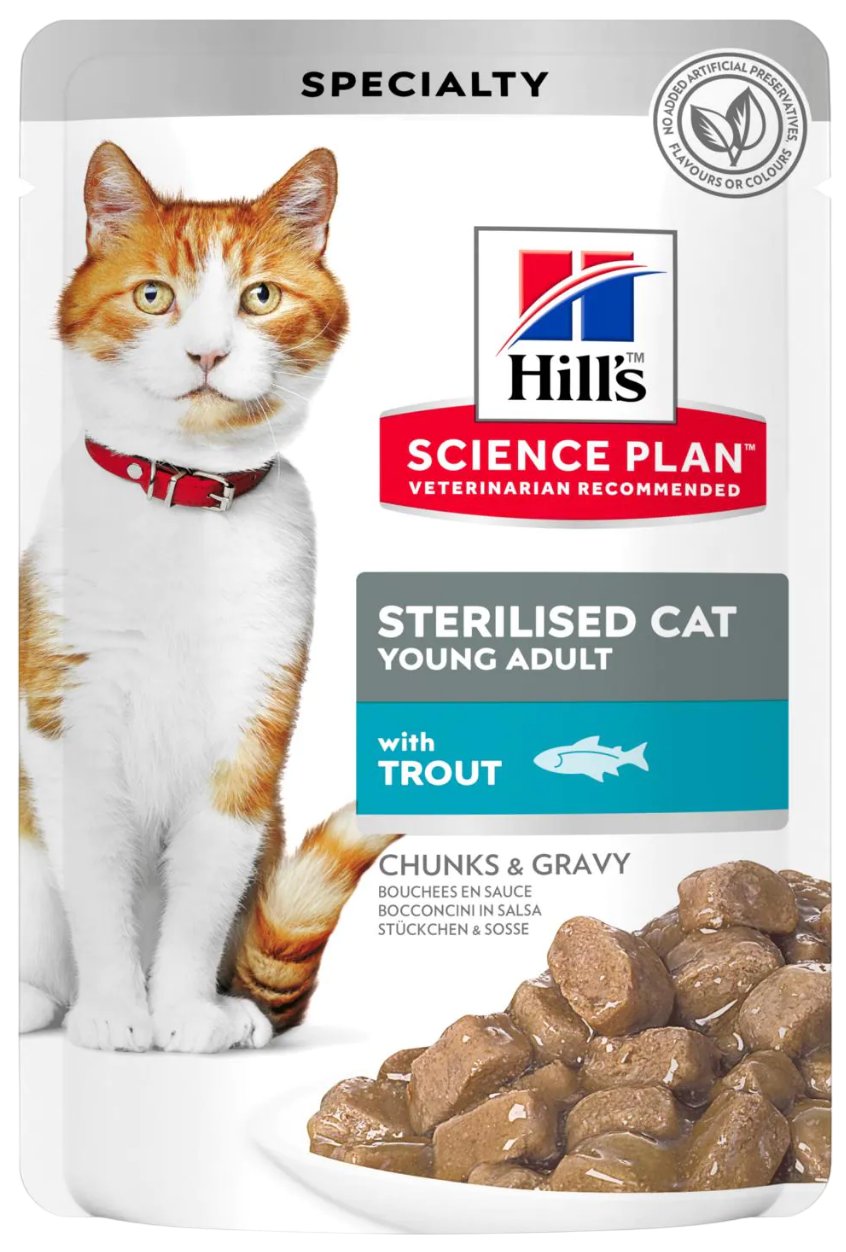 

Влажный корм для кошек Hill's Cat Adult Sterilised, с форелью, 85 г, Science Plan Sterilised