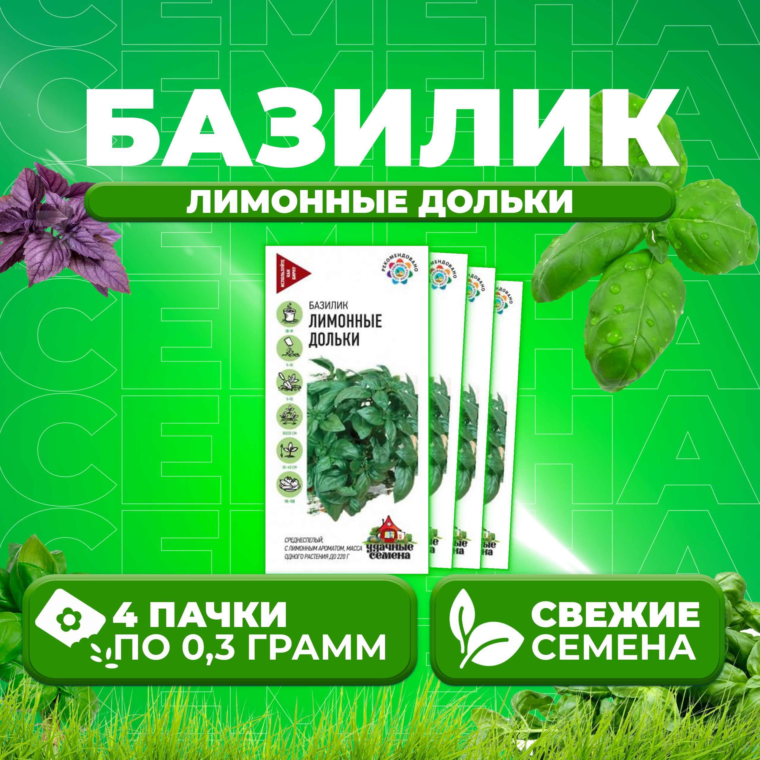 

Семена Базилик Лимонные дольки, 0,3г, Удачные семена 4 уп