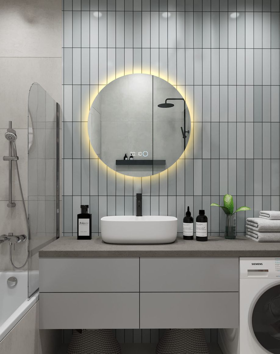 Зеркало для ванной Sun D65 круглое с часами парящее с теплой LED-подсветкой