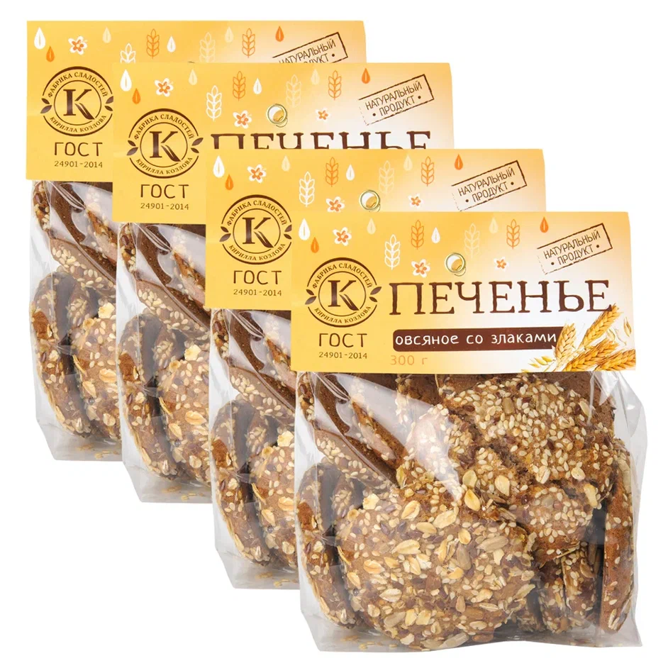 

Печенье овсяное Фабрика Кирилла Козлова, со злаками 4 упаковки по 0,3 кг, Печенье овсяное со злаками 0,3 кг 4 упаковки