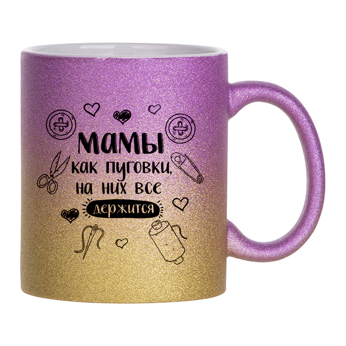 

Кружка с блестками золотая CoolPodarok Семья. Мамы как пуговки