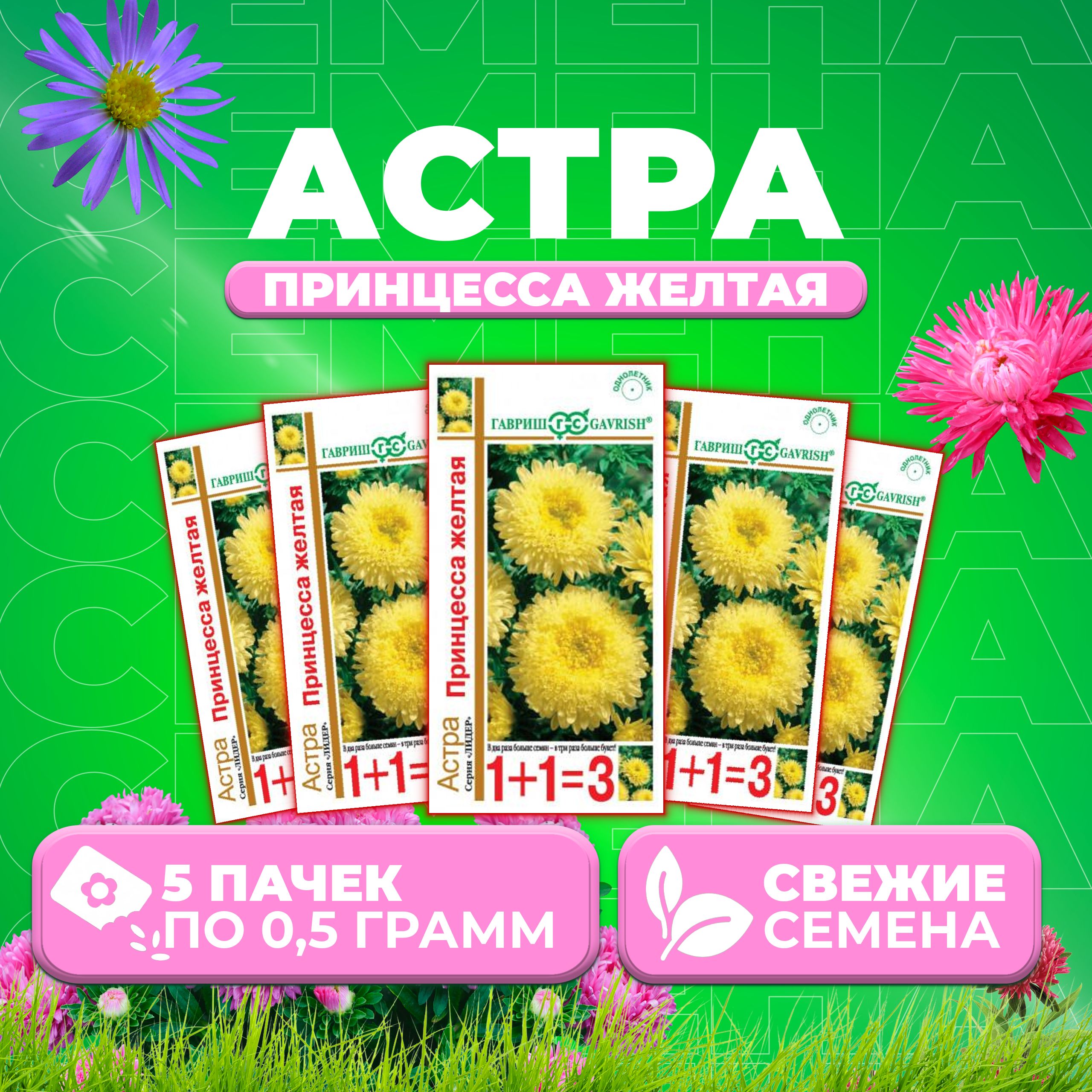 

Семена Астра Принцесса желтая, 0,5г, Гавриш, серия Лидер 1+1 5 уп