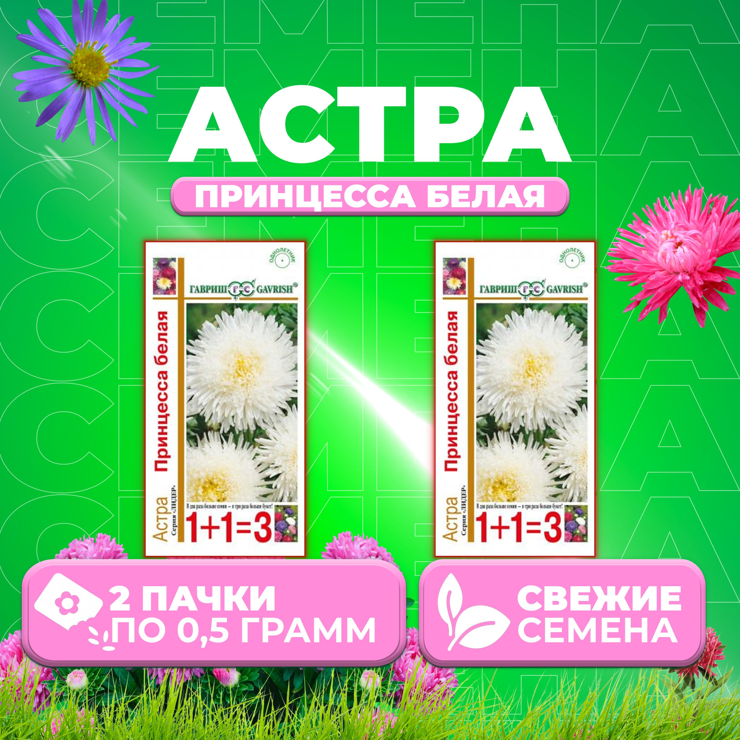 

Семена Астра Принцесса белая, 0,5г, Гавриш, серия Лидер 1+1 2 уп