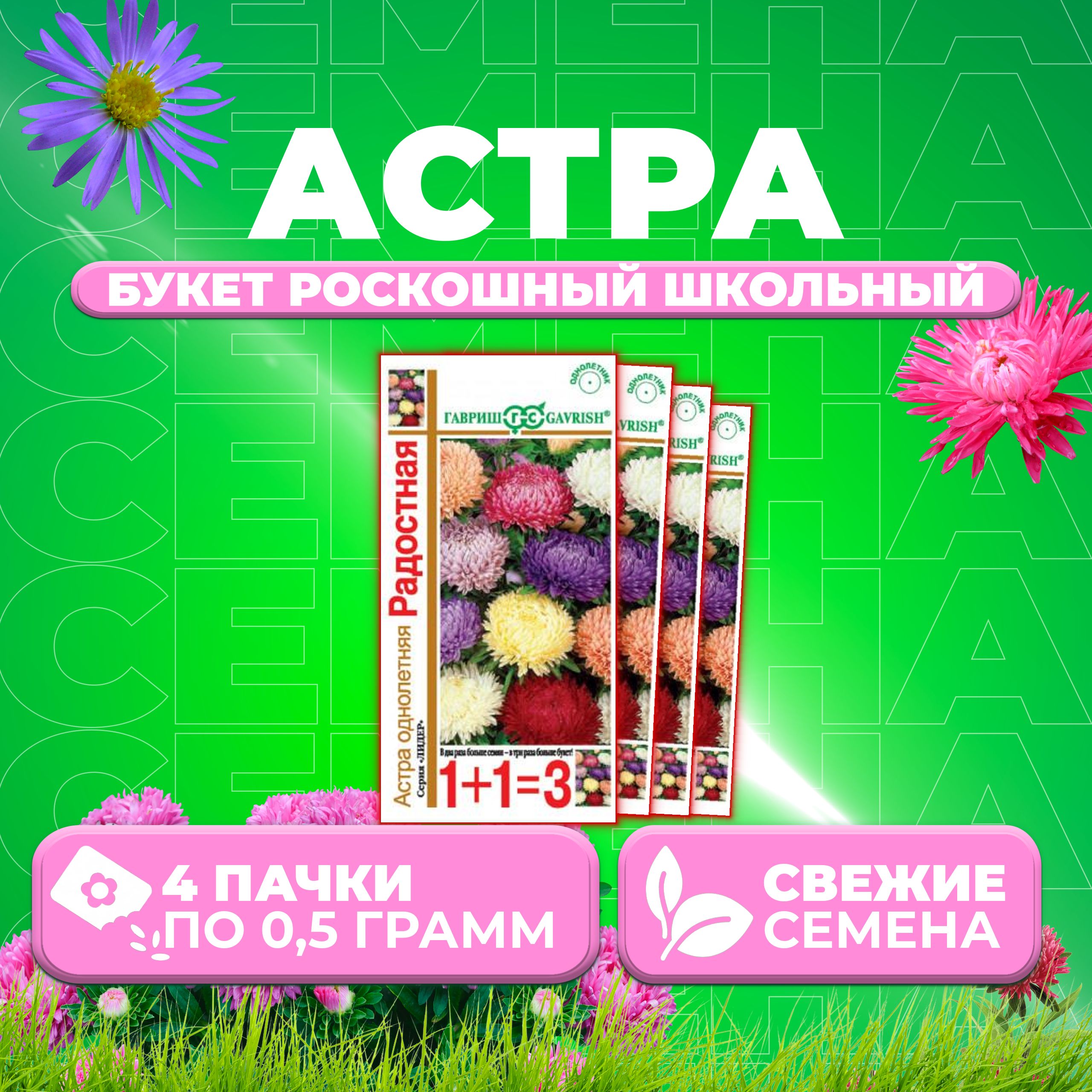 

Семена Астра Букет роскошный школьный, смесь, 0,5г, Гавриш, серия Лидер 1+1 4 уп
