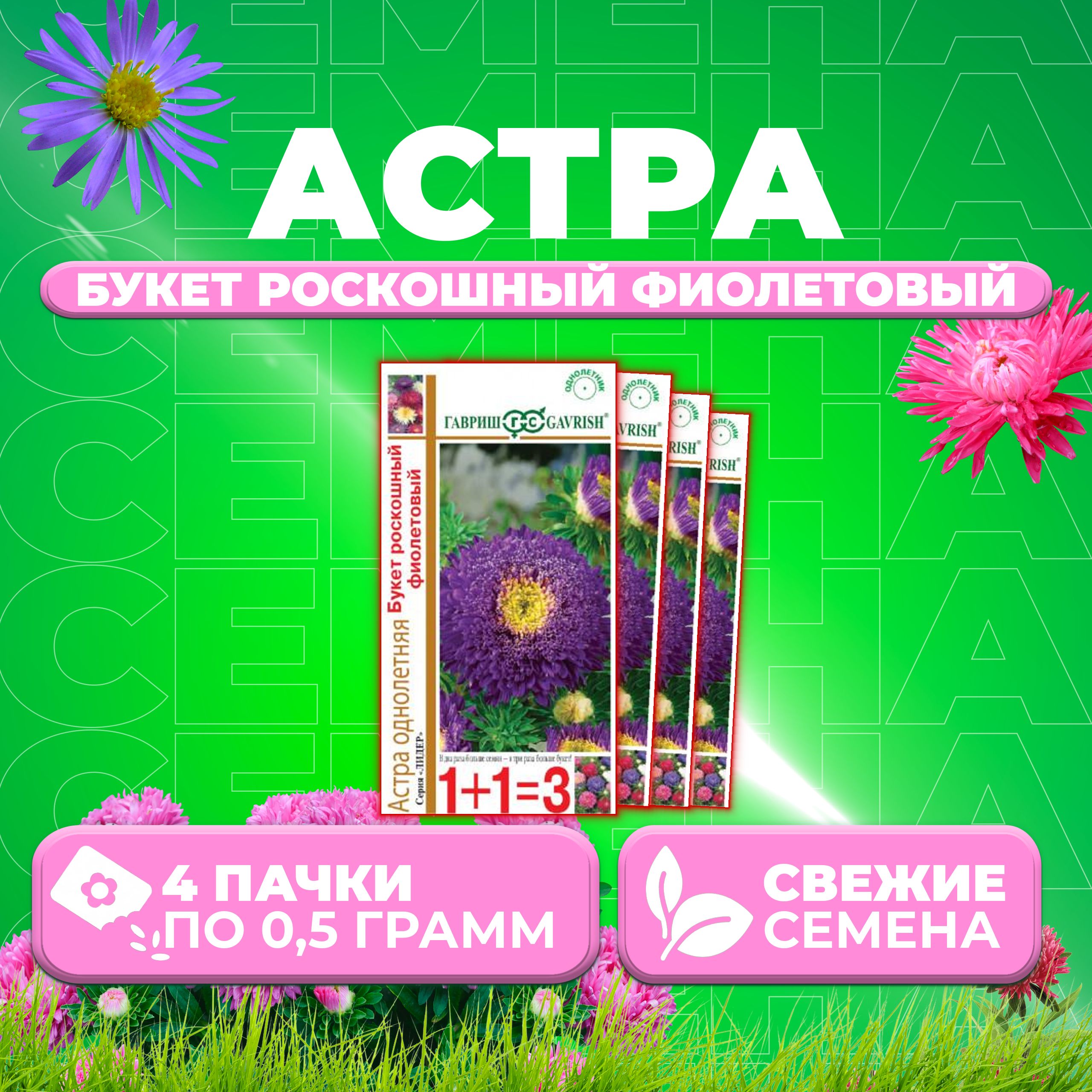 

Семена Астра Букет роскошный фиолетовый, 0,5г, Гавриш, серия Лидер 1+1 4 уп