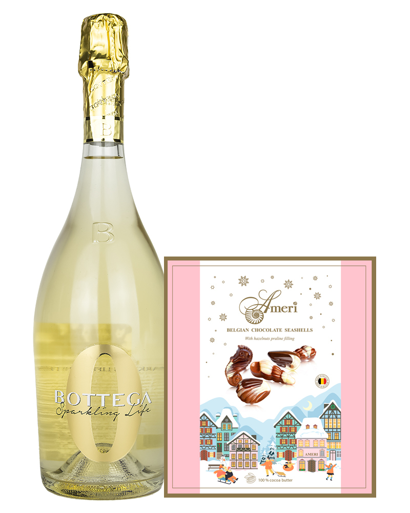 Безалкогольное Игристое Вино Bottega Белое 0,75 л и Конфеты Ameri в Розовой упаковке 250гр