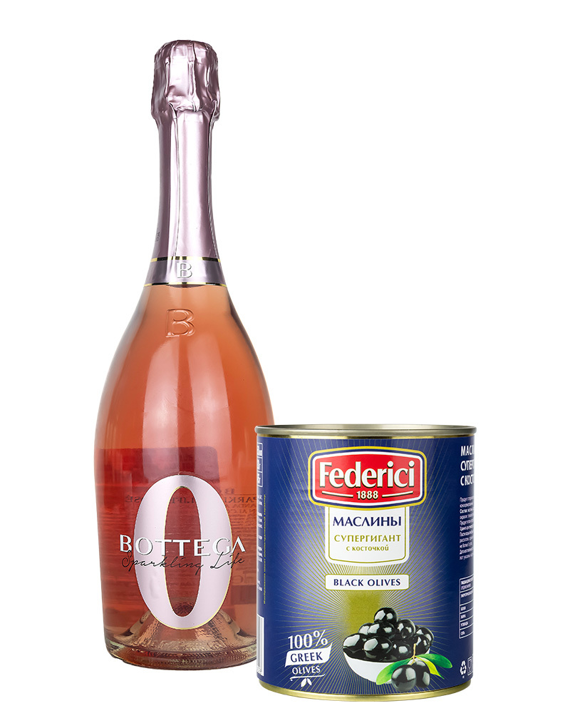 Безалкогольное Вино Bottega Розовое 0,75 л и Маслины Супергигант с косточкой, 820 гр