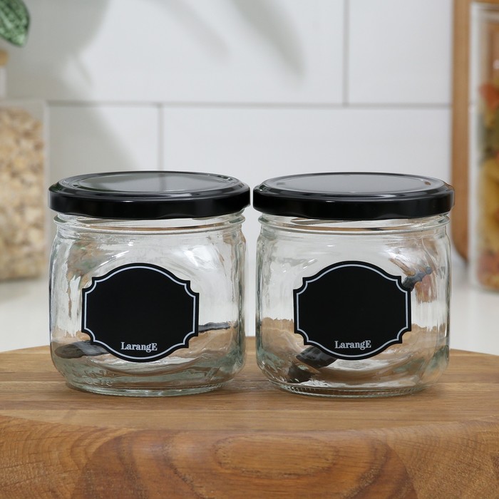 Наб банок д/хран. стекл. 0,35л ТО82 2шт. с мет.чёрн крышк,ложк и мел 1шт.Мел дизайн