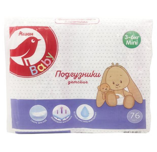фото Подгузники ашан mini 3-6 кг р 2 76 шт
