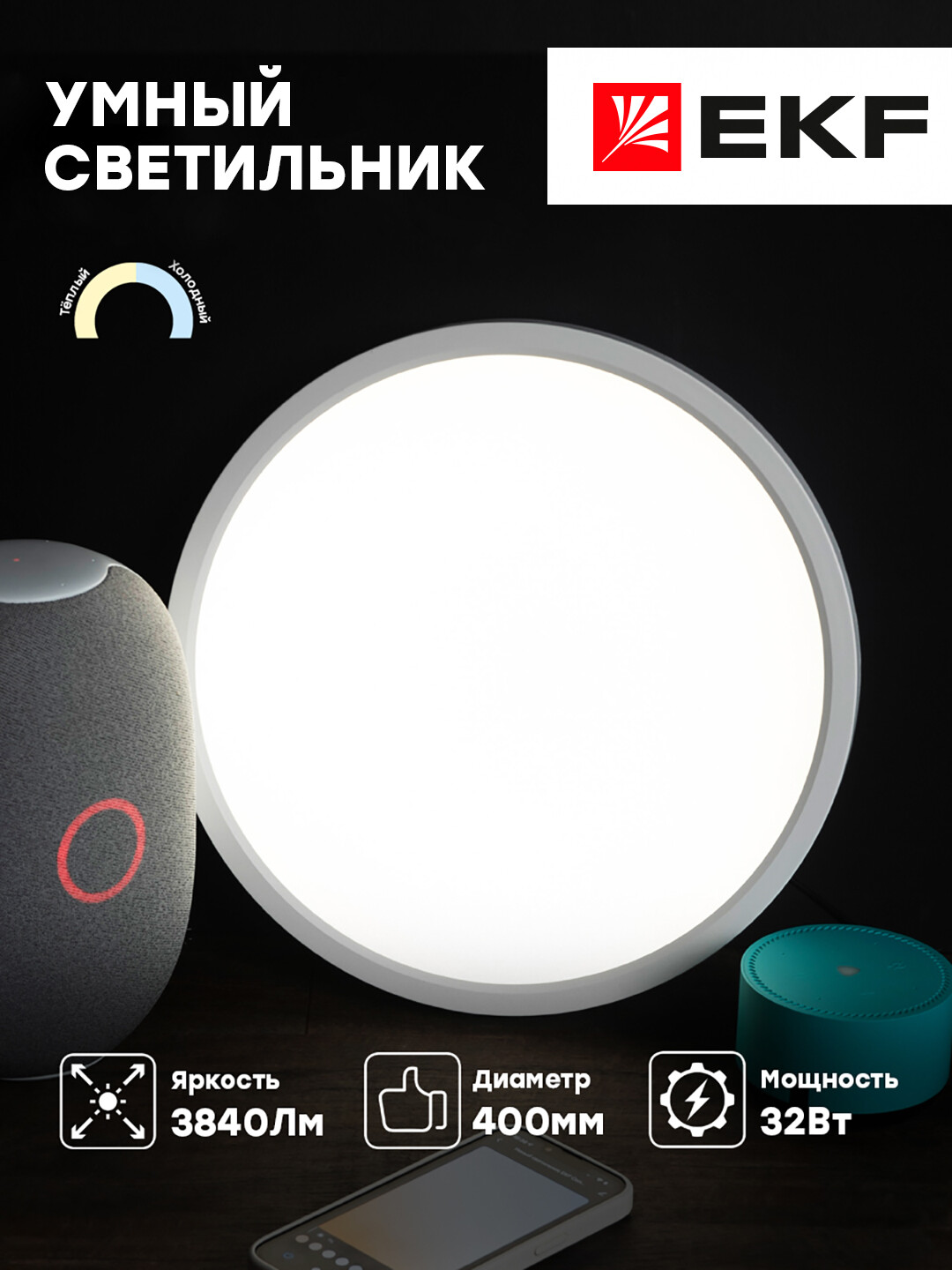 Умный потолочный светильник 400 мм 32W EKF Connect