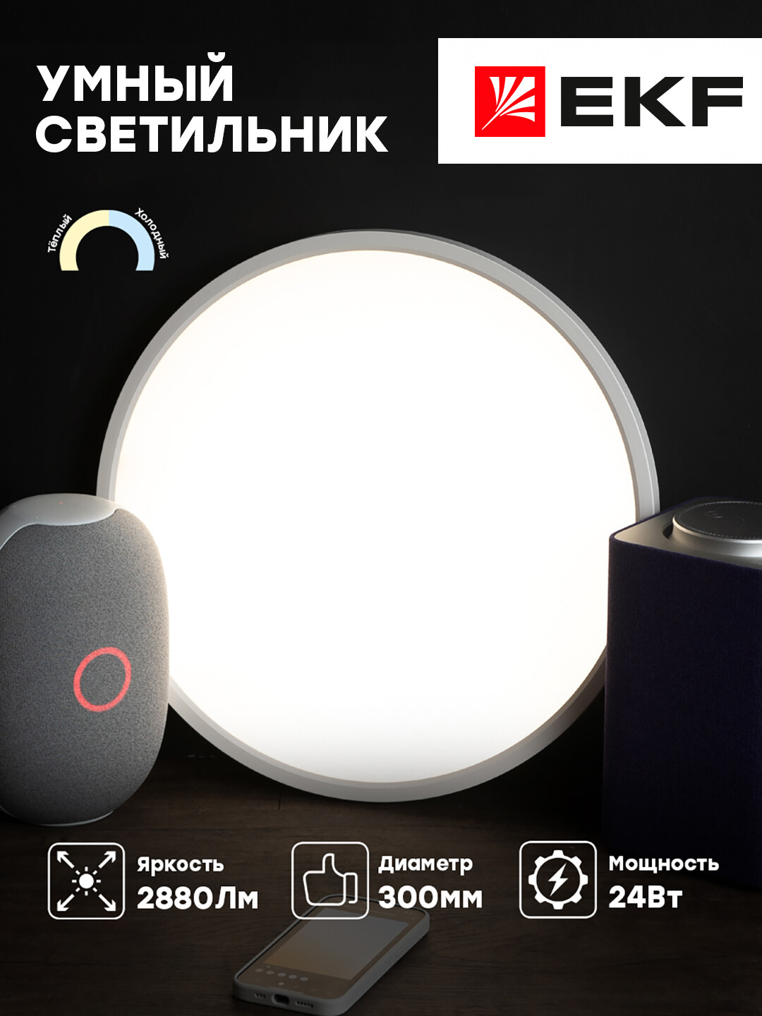 Умный потолочный светильник 300 мм 24W EKF Connect