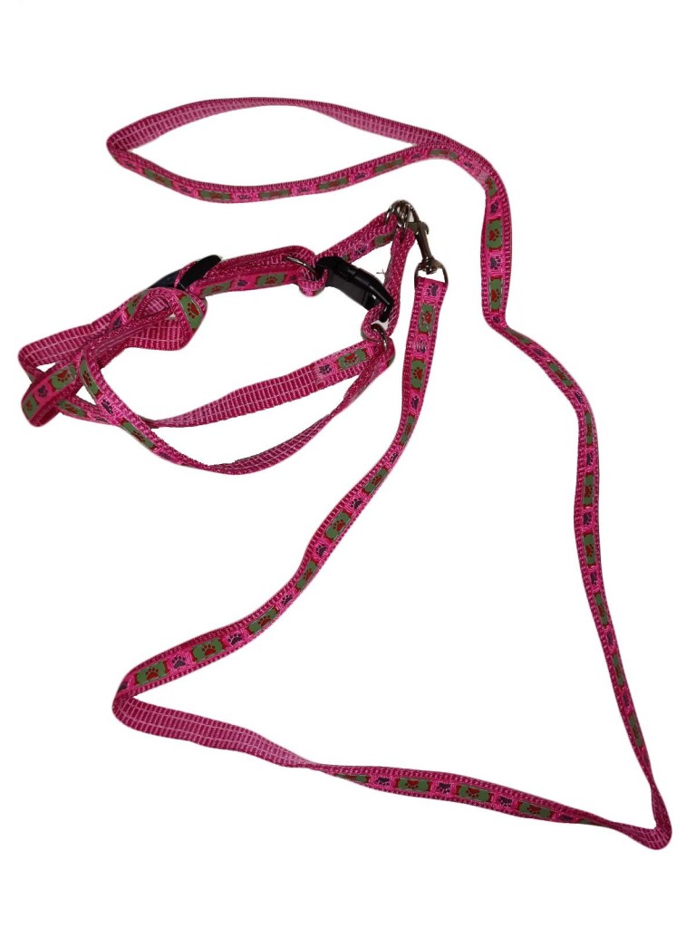 Поводок со шлейкой для кошек и собак, 2 см, цвет: розовый, рисунок: лапы