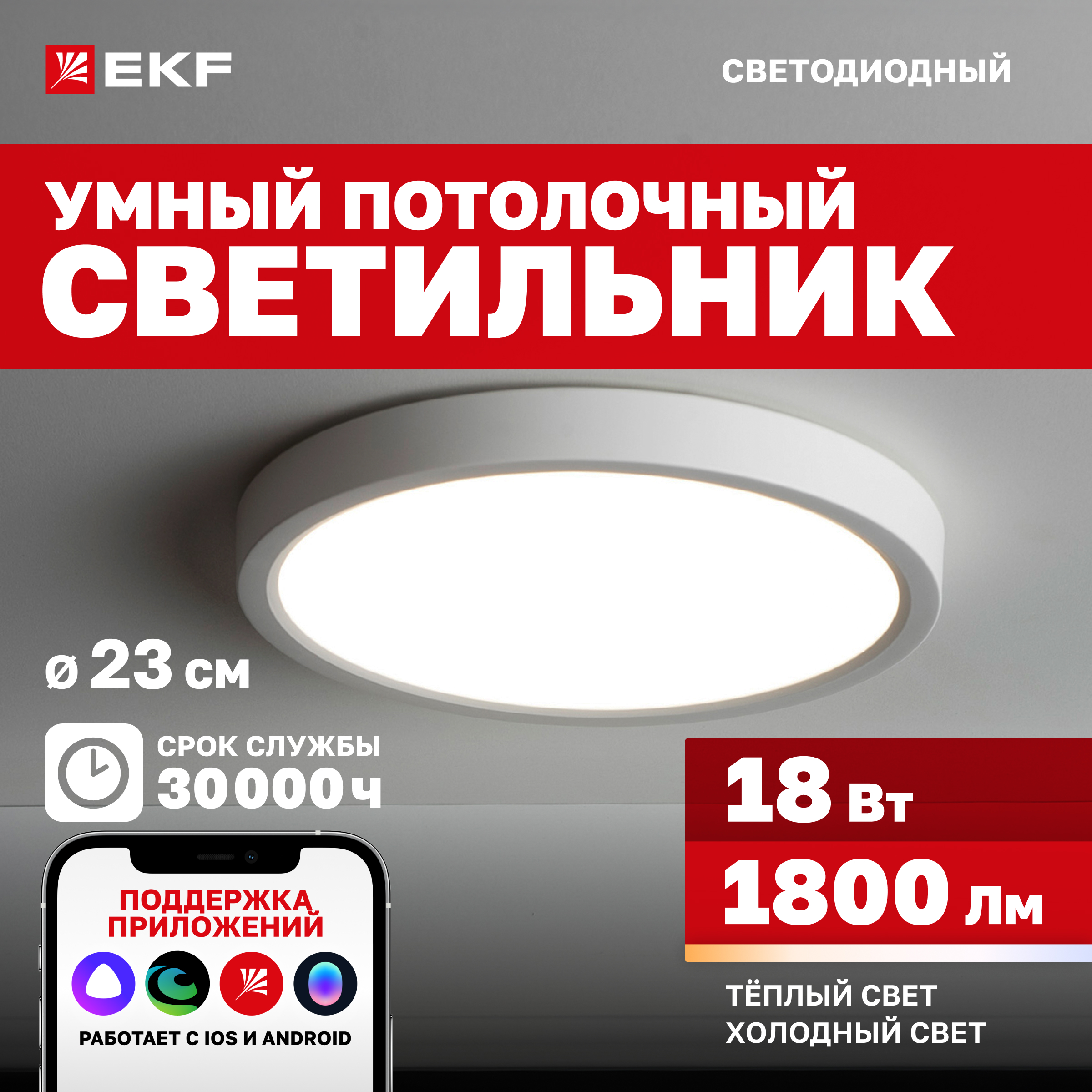 

Умный потолочный светильник 230 мм 18W EKF Connect