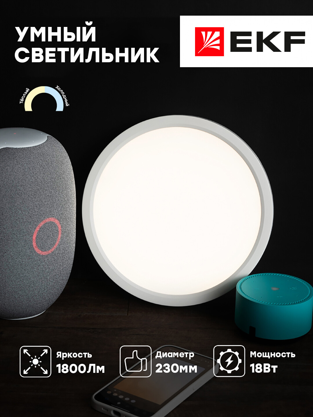Умный потолочный светильник 230 мм 18W EKF Connect