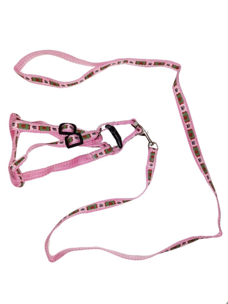 фото Поводок со шлейкой для кошек и собак, 1,5 см, цвет: светло-розовый, рисунок: лапы nobrand