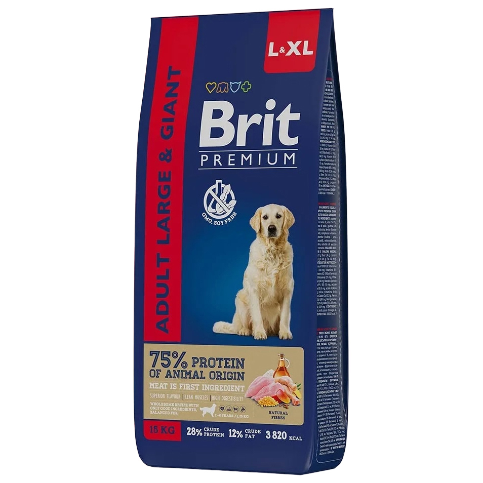 

Сухой корм для собак Brit Premium by Nature Adult L, для крупных пород, курица, 15кг