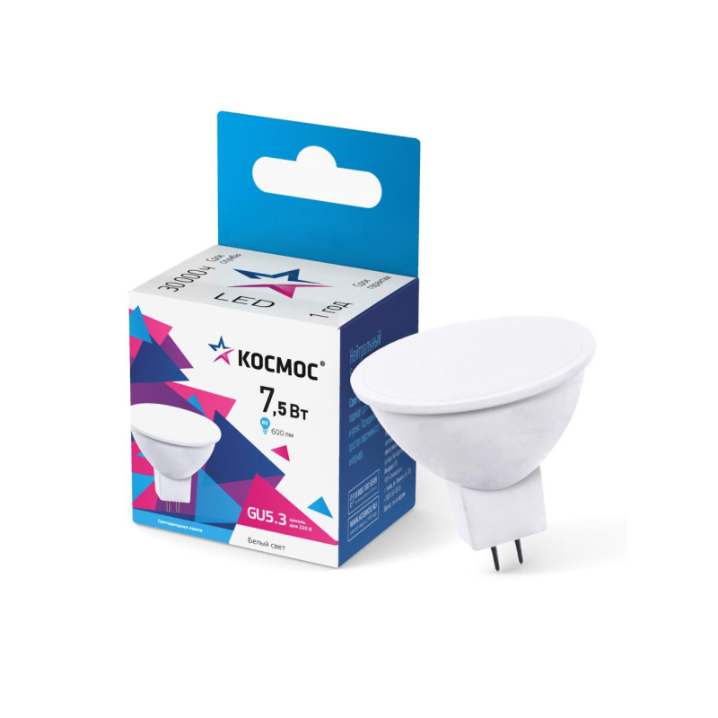

Лампа светодиодная КОСМОС LkecLED7.5wJCDRC45 JCDR 7.5W 220V GU5.3 4500K, 3шт