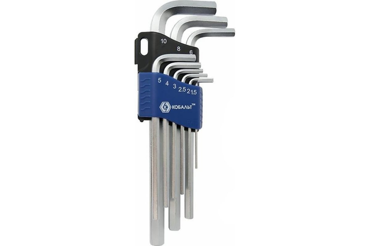 Набор ключей угловых шестигранных КОБАЛЬТ 1.5, 2, 2.5, 3, 4, 5, 6, 8, 10 мм Cr-V(9 шт.) бл набор ключей угловых jonnesway