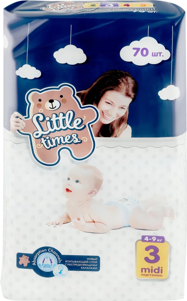 Подгузники Little Times Midi 3 4-9 кг 70 шт