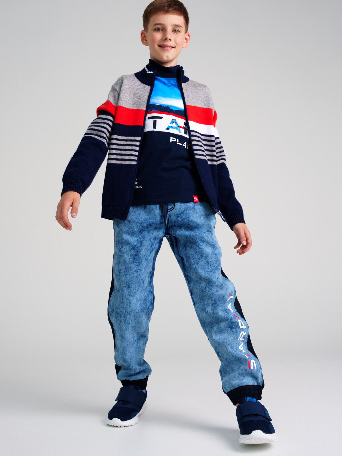 Брюки текстильные джинсовые утепленные флисом для мальчиков PlayToday, тёмно-синий, 176