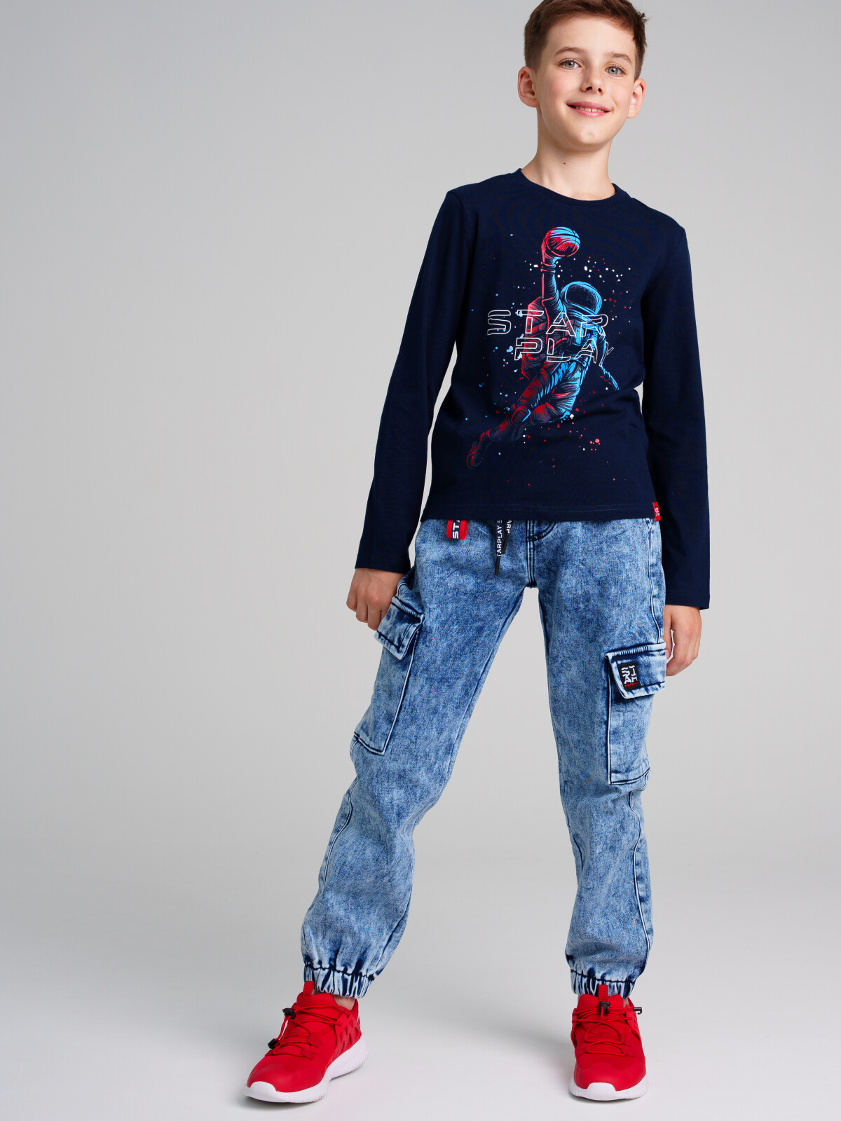 Брюки текстильные джинсовые утепленные флисом для мальчиков PlayToday, тёмно-синий, 158