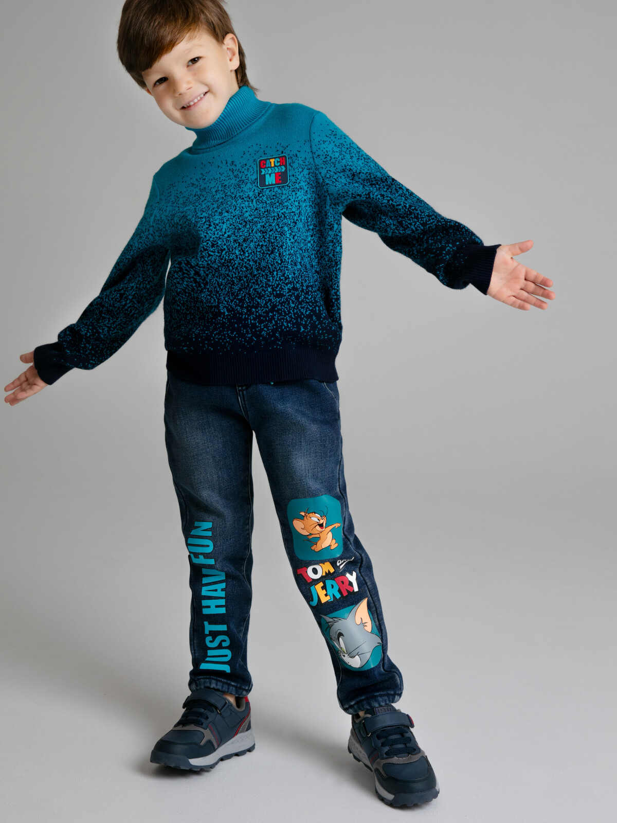 Брюки текстильные джинсовые утепленные флисом для мальчиков PlayToday, тёмно-синий, 104