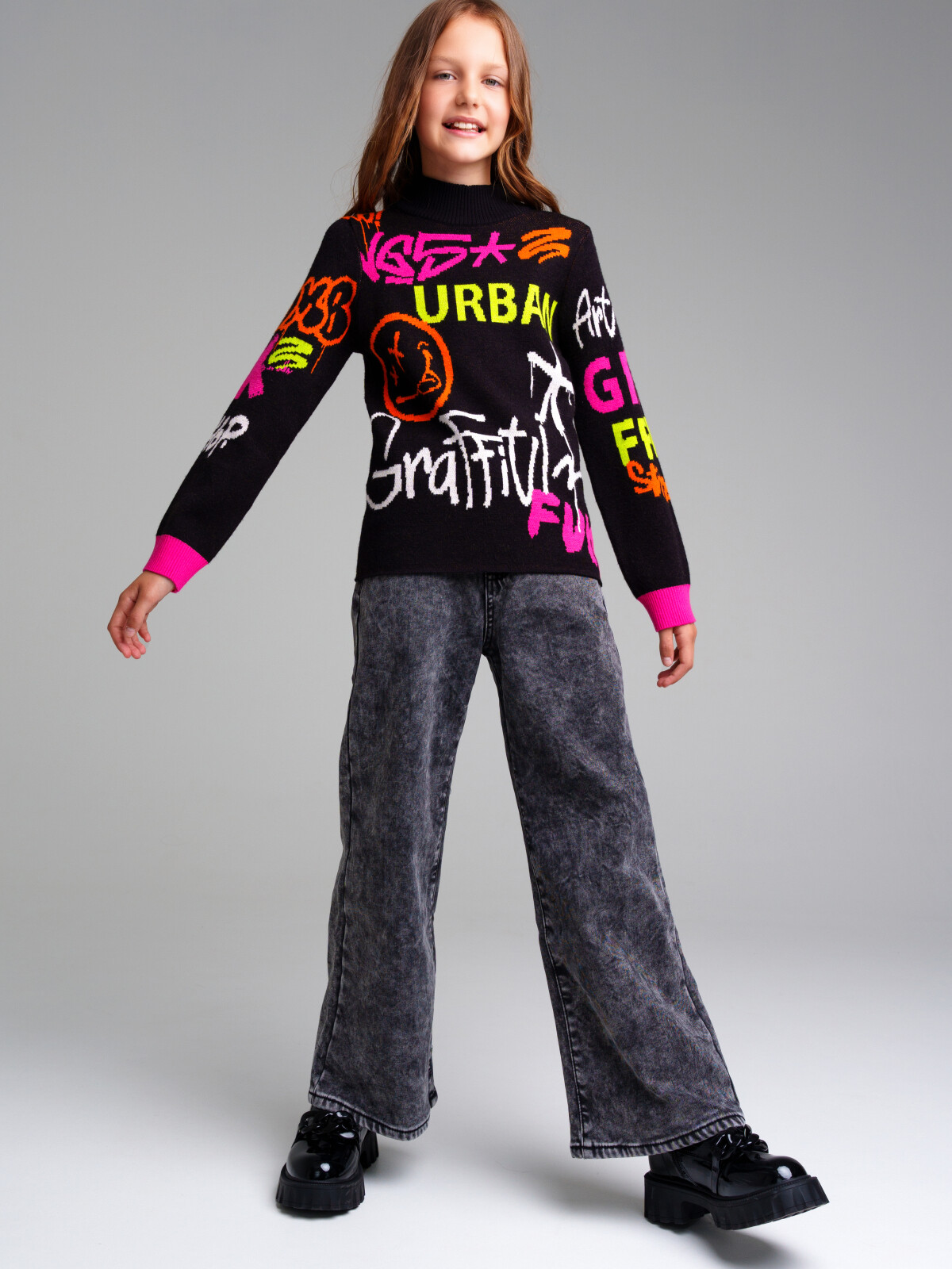 Брюки текстильные джинсовые утепленные флисом для девочек PlayToday, черный, 170