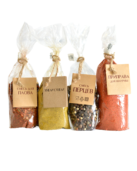 

Набор приправ РОДНОЕ group Для плова, Хмели-сунели, Смесь перцев, Для шаурмы, 280 гр. 4шт