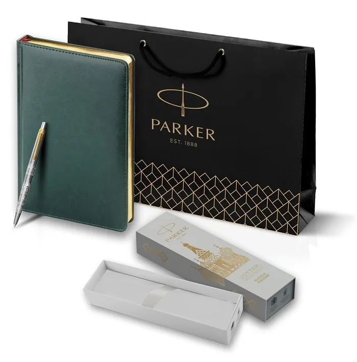 

Подарочный набор: Ручка Parker Jotter Stainless Steel GT Ежедневник недатированный зеленый