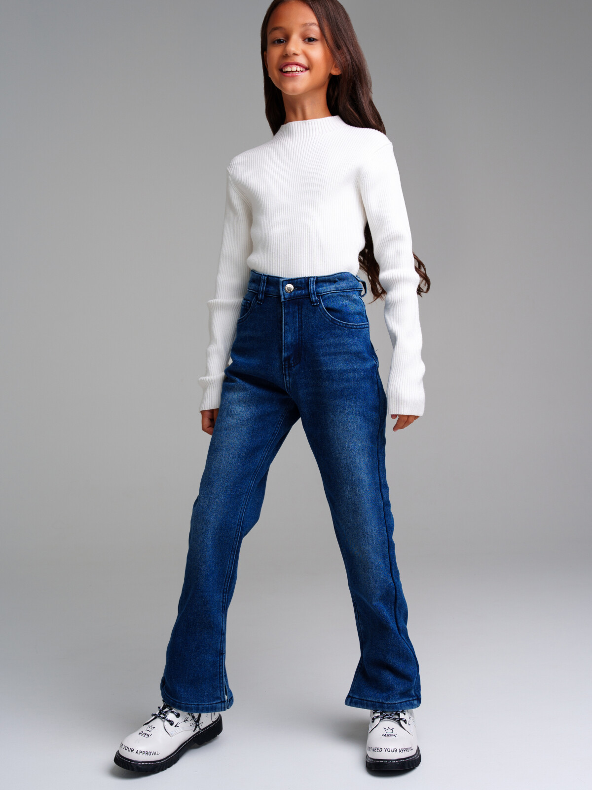 Брюки текстильные джинсовые утепленные флисом для девочек PlayToday, тёмно-синий, 170
