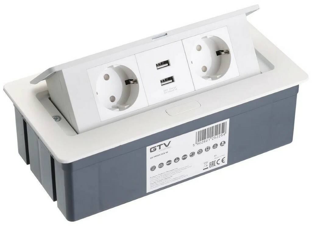 

Блок розеток настольный SOFT 2 розетки AE-PBSUC2GS-10 (Schuko) 2xUSB, белый, с проводом 1,