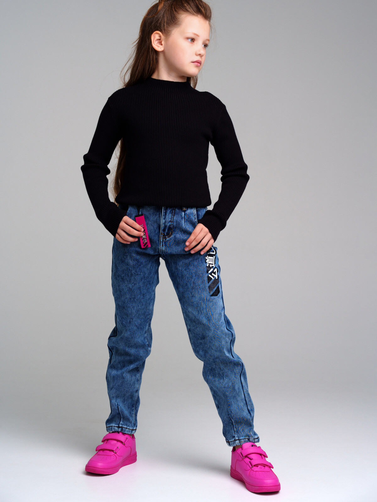 Брюки текстильные джинсовые утепленные флисом для девочек PlayToday, тёмно-синий, 146