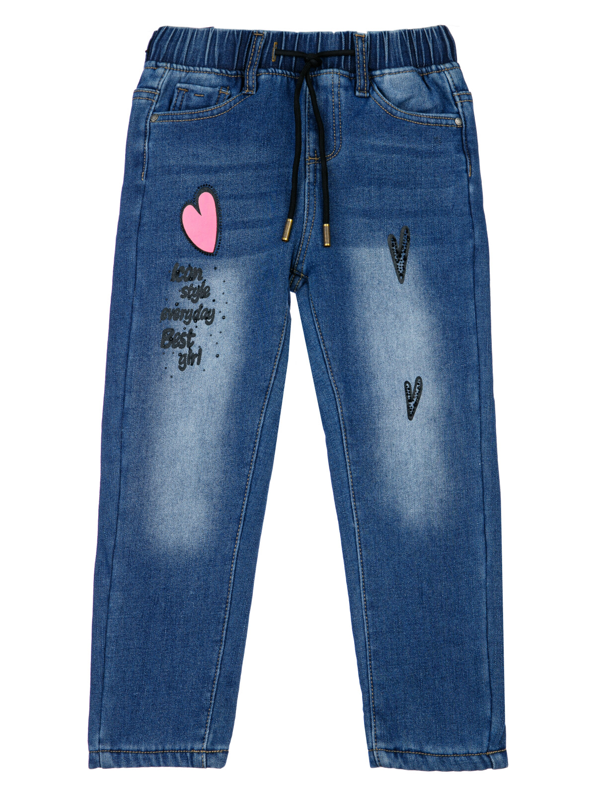 Брюки текстильные джинсовые утепленные флисом для девочек PlayToday, тёмно-синий, 116