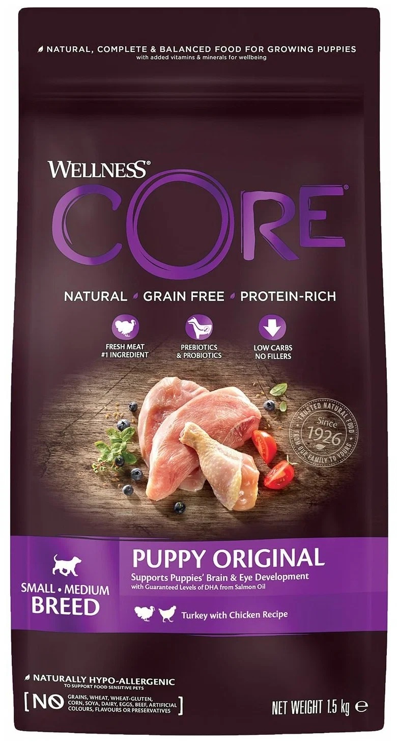 Сухой корм для собак средних пород CORE с индейкой и курицей, 4 шт по 1,5 кг