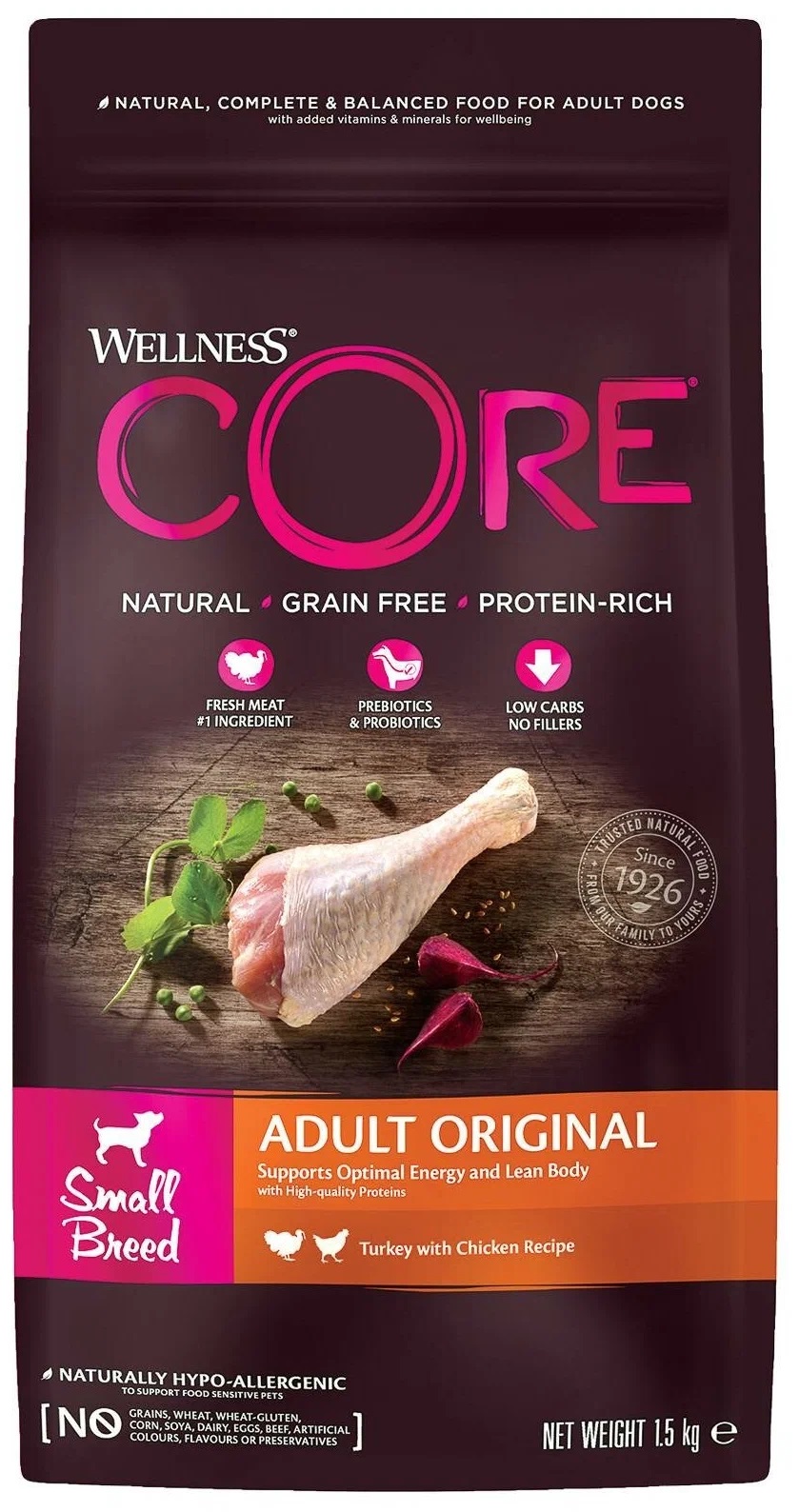 Сухой корм для собак маленьких пород CORE с индейкой и курицей, 4 шт по 1,5 кг