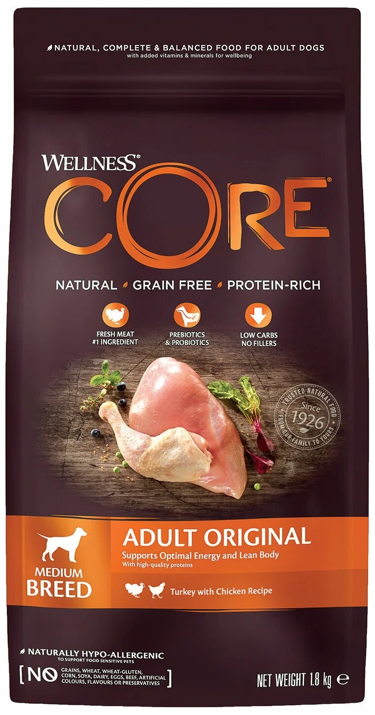 

Сухой корм для собак CORE с индейкой и курицей, 4 шт по 1,8 кг