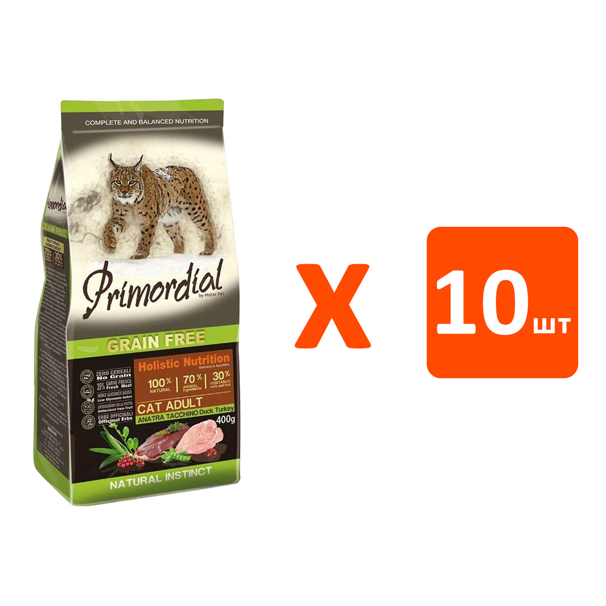 фото Сухой корм для кошек primordial беззерновой с уткой и индейкой, 10 шт по 0,4кг
