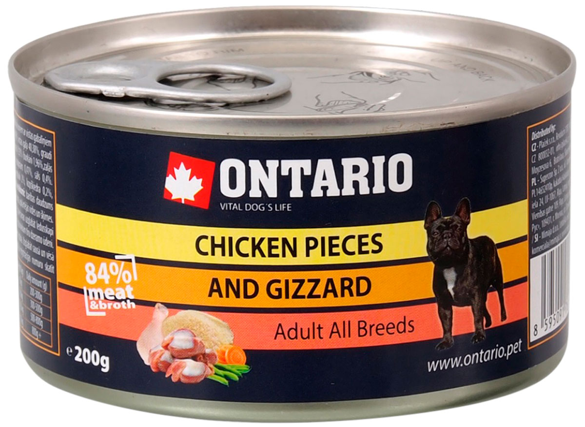 

Консервы для собак Ontario с курицей и куриными желудками, 12 шт по 200 г