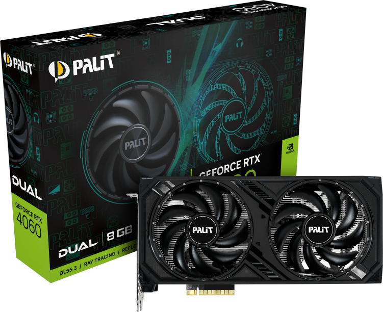 

Видеокарта Palit NVIDIA GeForce RTX 4060 RTX4060 DUAL OC 8ГБ Dual, GDDR6, OC, Ret ne6406, Черный, NVIDIA GeForce RTX 4060 DUAL OC 8ГБ GDDR6, OC