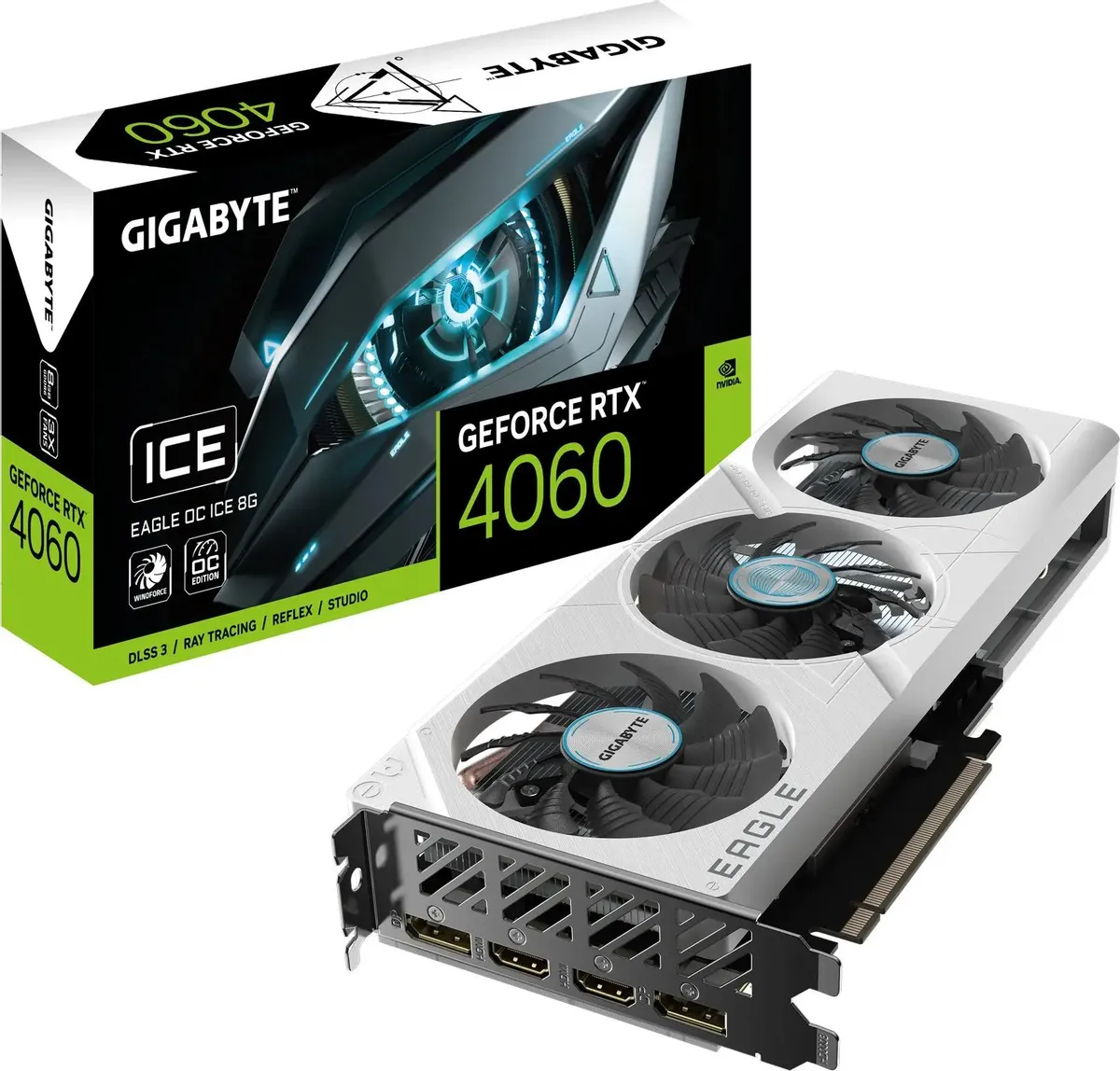 

Видеокарта GIGABYTE NVIDIA GeForce RTX 4060 GV-N4060EAGLEOC ICE-8GD 8ГБ Eagle, GDDR6, OC,, Белый, GIGABYTE GeForce RTX 4060 EAGLE OC ICE